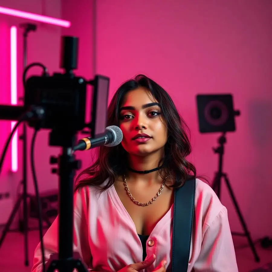 Indie artist shooting press kit photos in a pink-lit studio