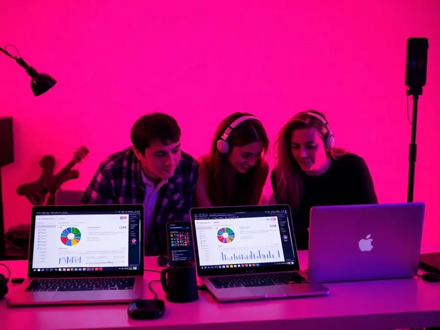 Team reviewing playlist and social analytics dashboards