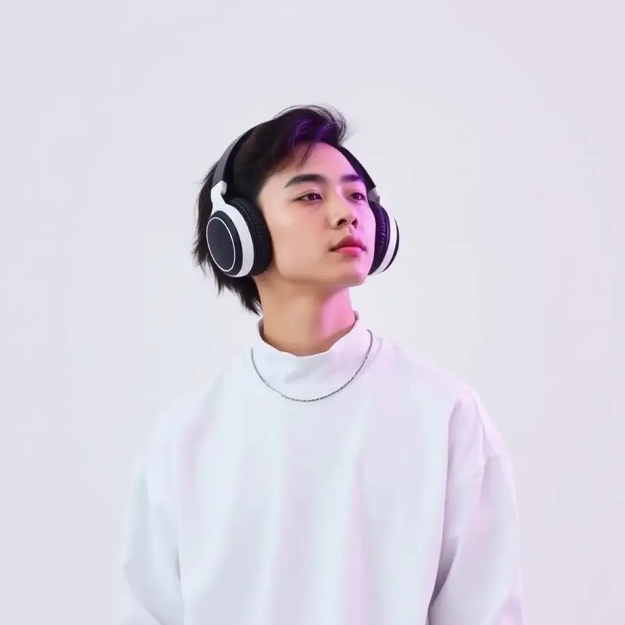 Young artist in white listening to a mix on headphones