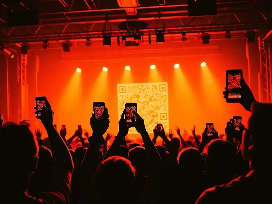 Crowd scanning a QR code for a release at a live show