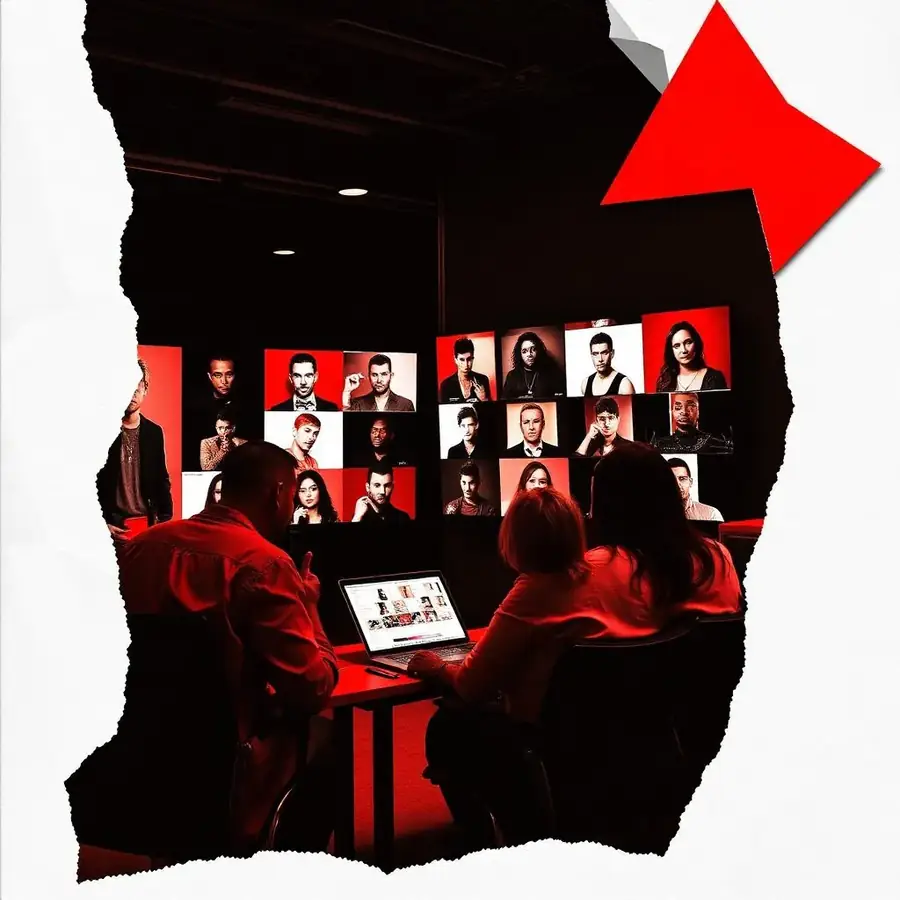 Label team reviewing their artist roster on screens