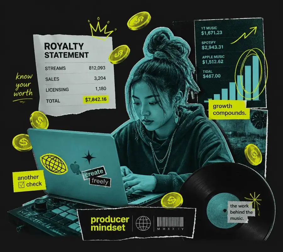 Independent artist checking her royalty statement on a laptop